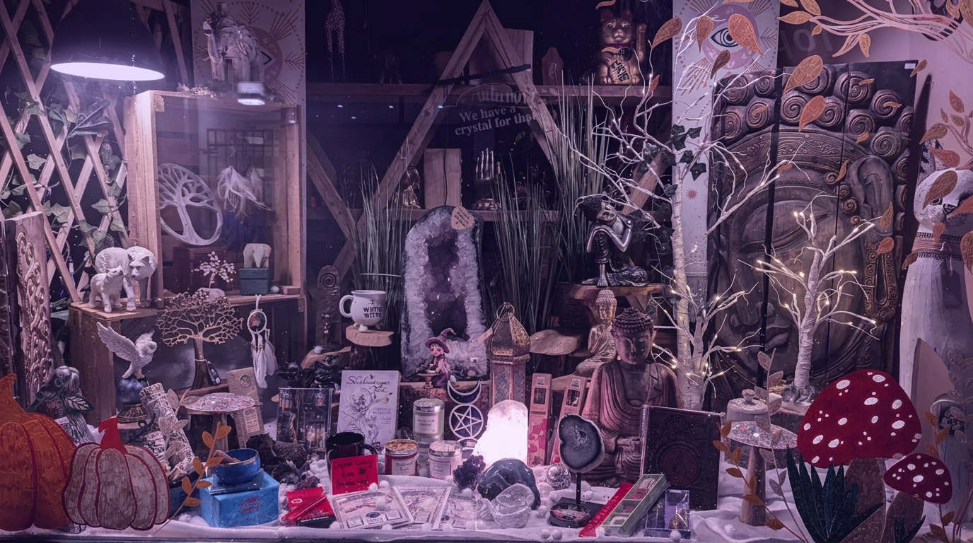 Inside Crystals under the Moon — a mystical window display of crystals, buddhas and treasures